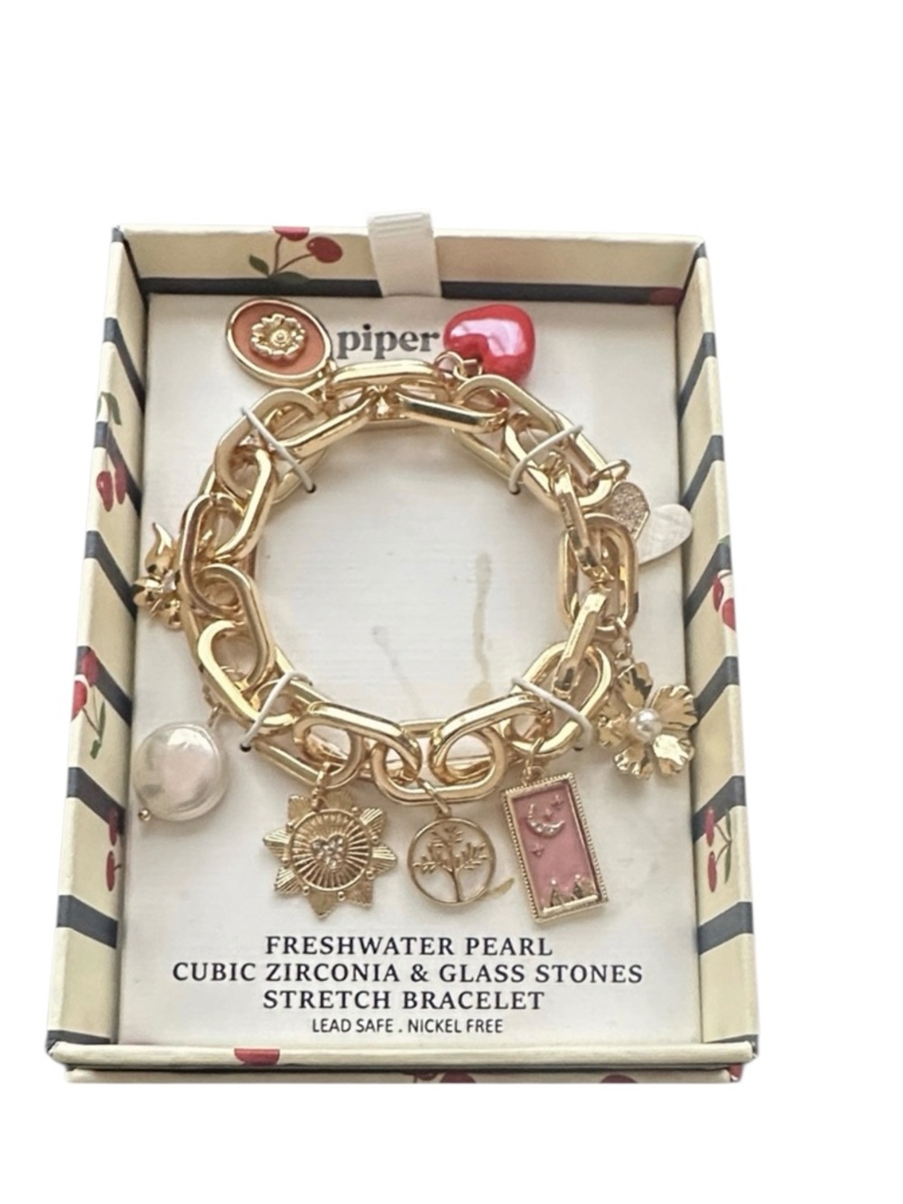 Piper K Gold Charm Stretch Bracelet with CZ, Pearl and Glass Stone Accents NIB
